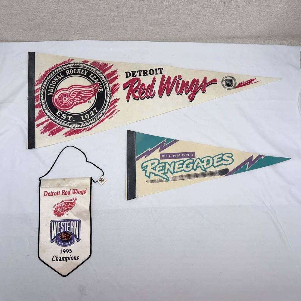 Vintage Detroit Red Wings 1995 Champions & Richmond Renegades Pennant Lot 3pc